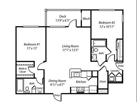 Floor plan for 2 beds, 2 baths, 1131 sqft